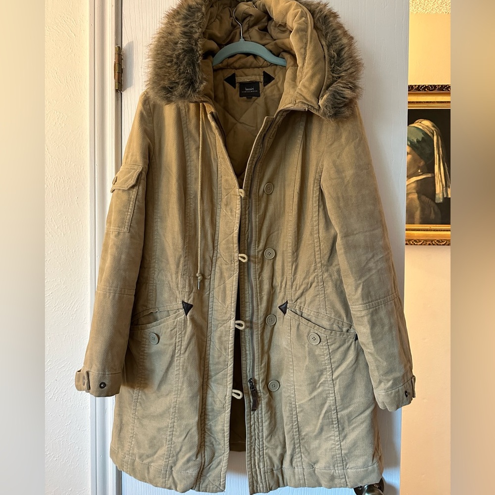 Warm jacket by Bossini- lovely tan color with faux fur hood trim. Size Med